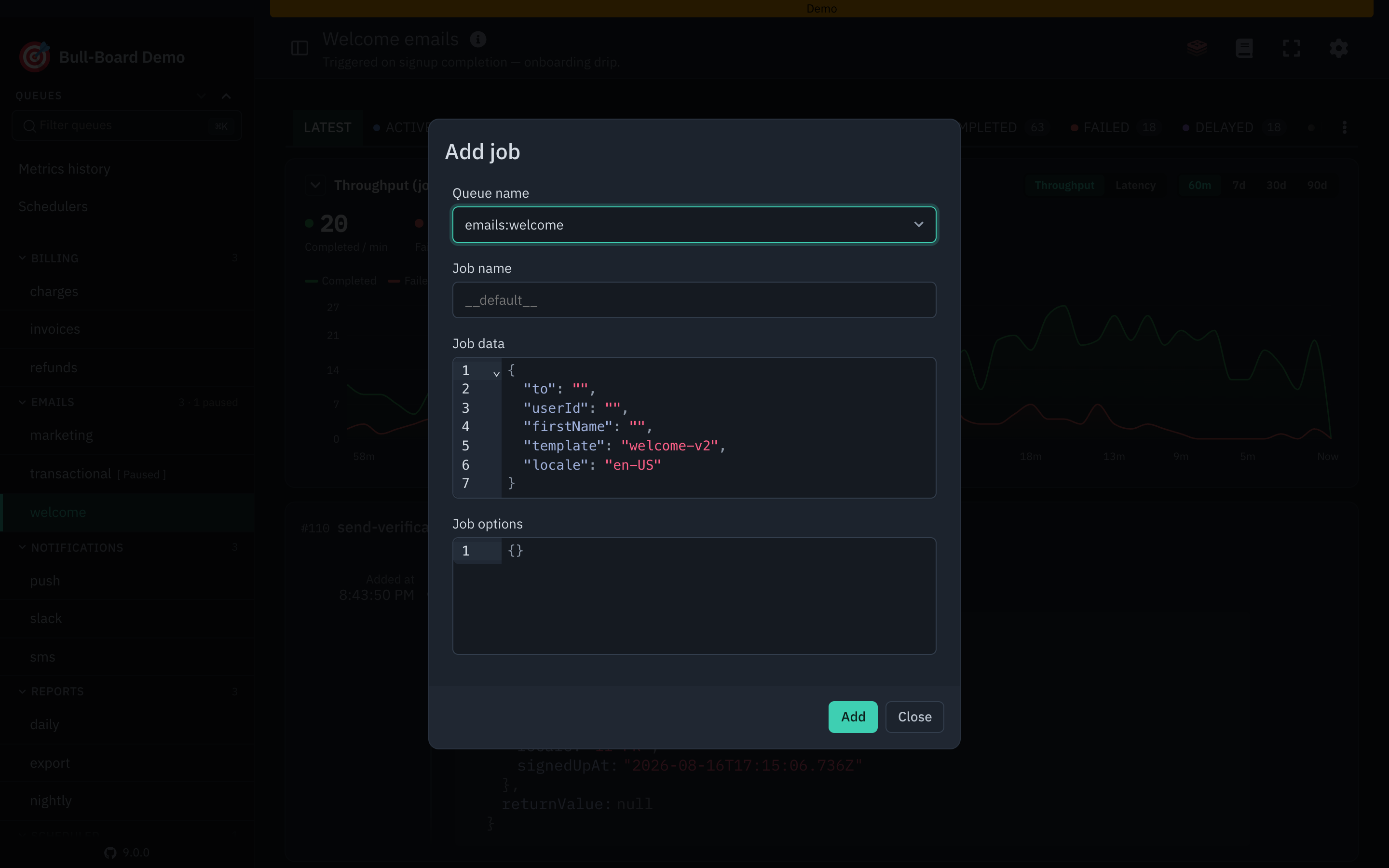 The Add job form prefilled from a queue's job data schema