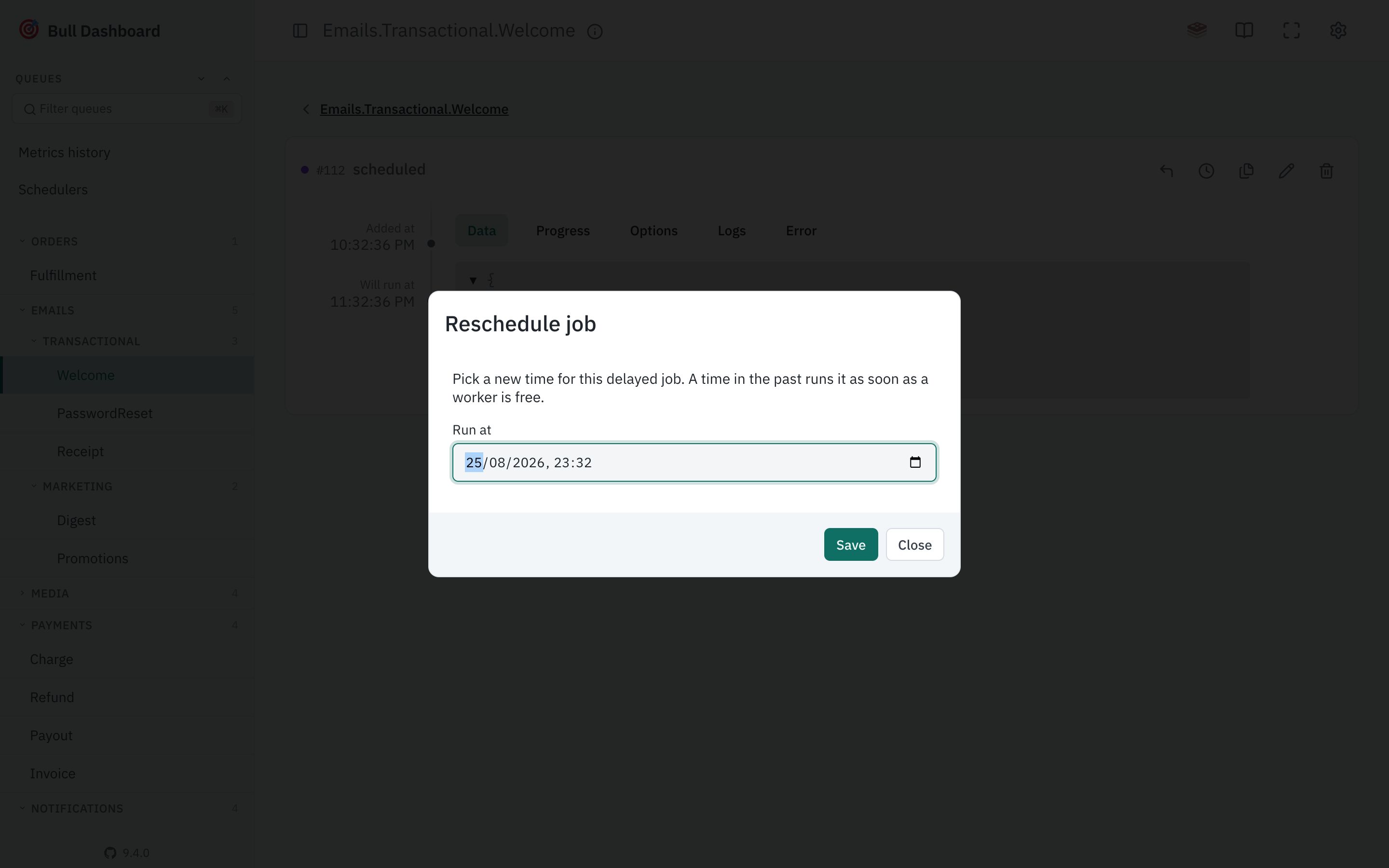 A delayed job with the reschedule action open on its run time