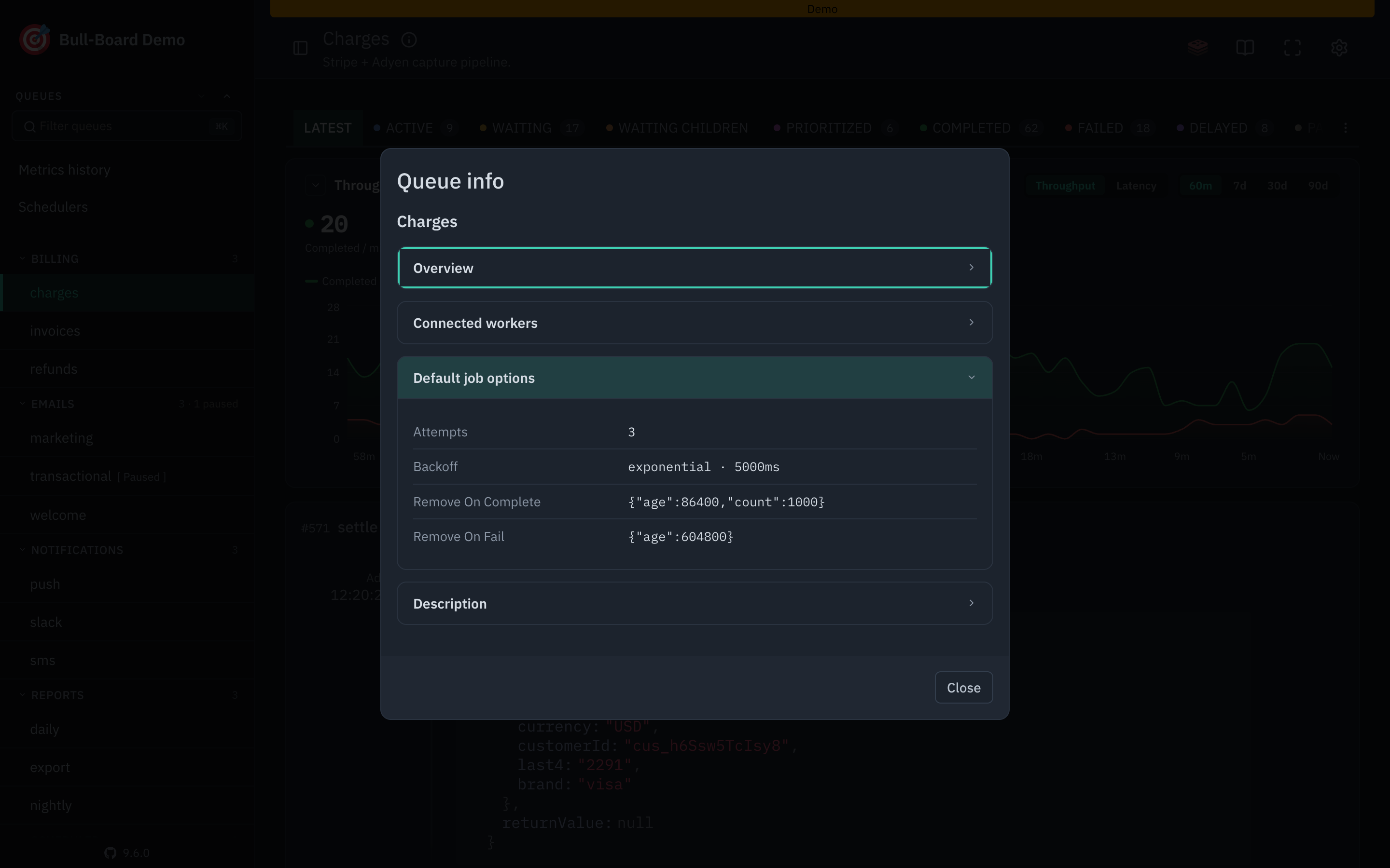 The default job options section of the queue info panel