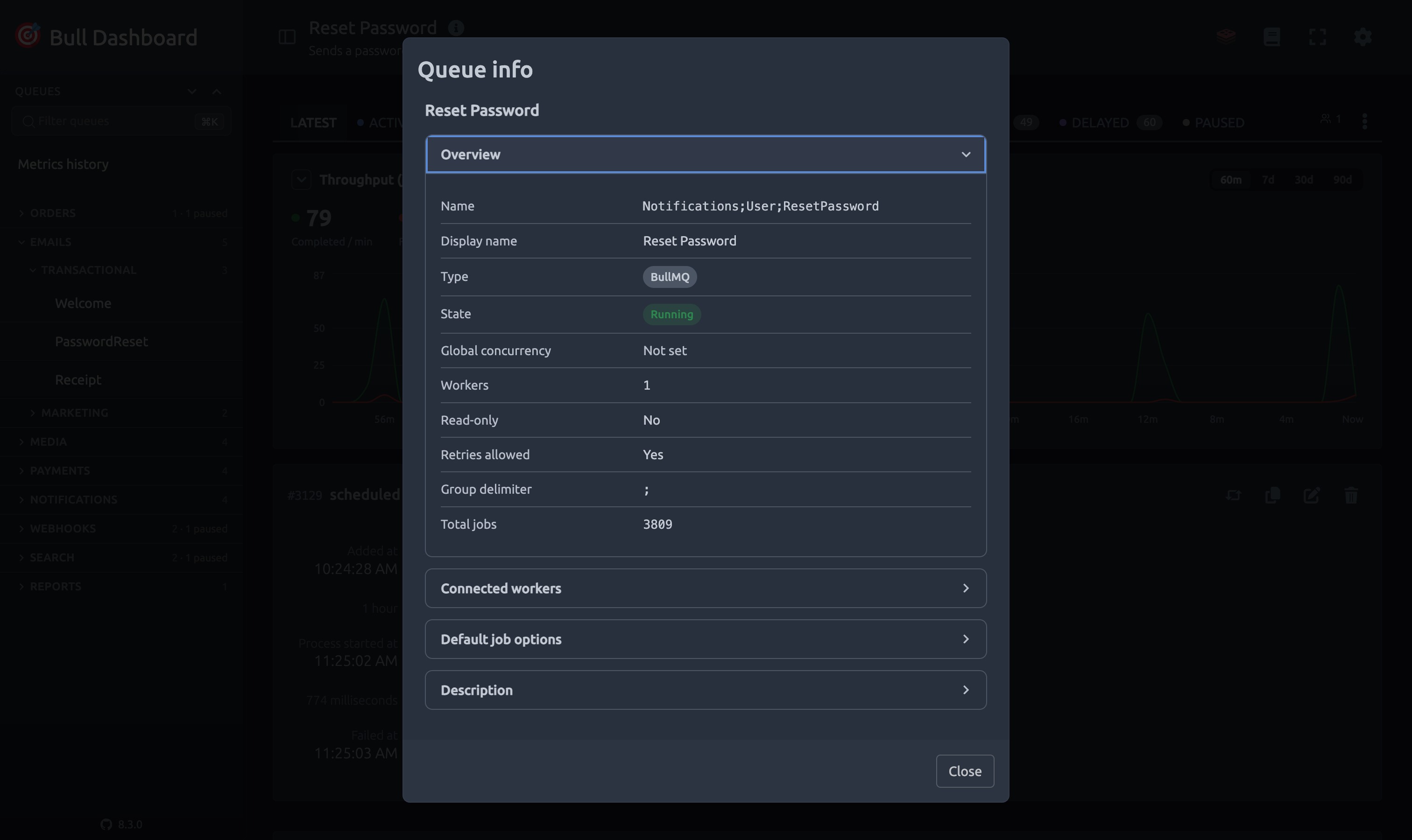 Queue info panel showing the queue overview, including its worker count