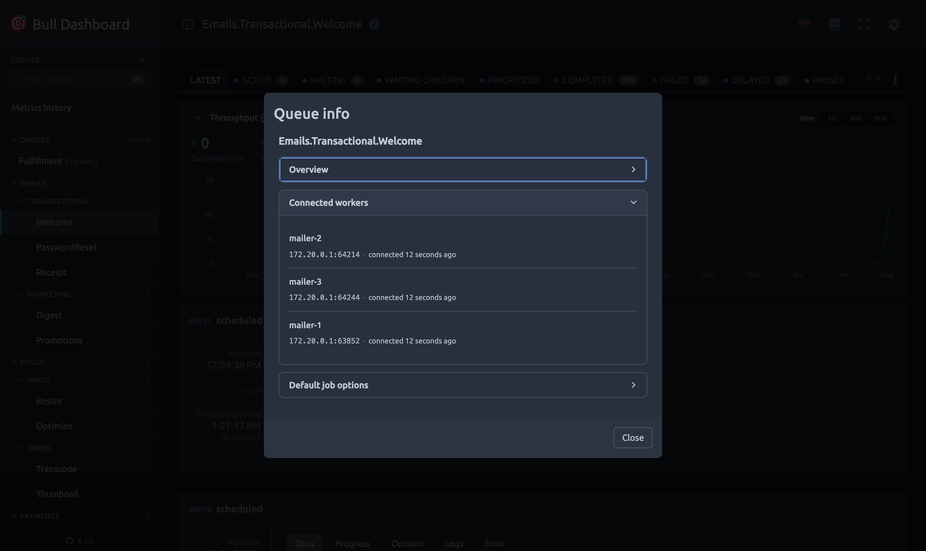 Queue info panel opened on the connected workers section