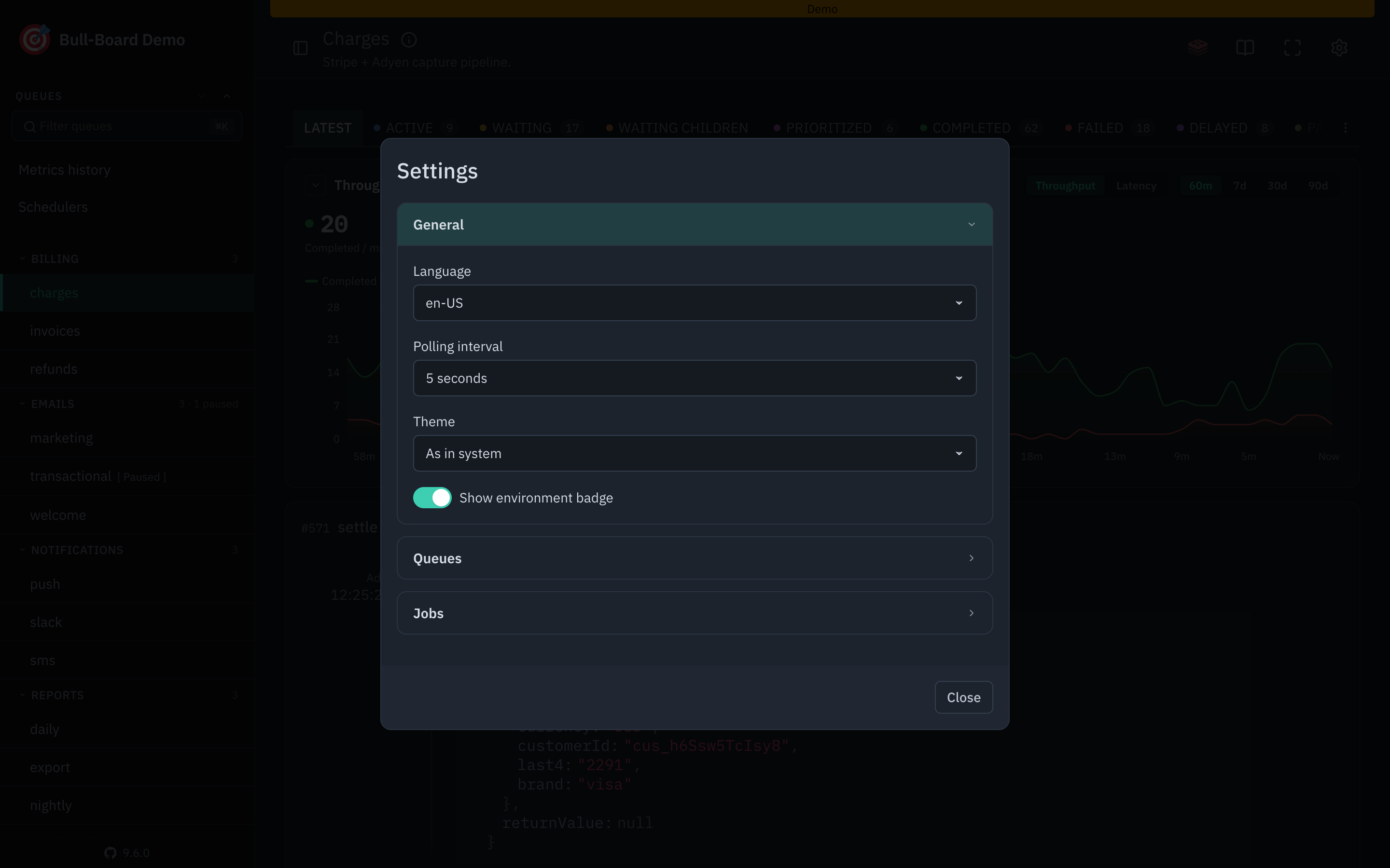 The settings modal with its collapsible sections